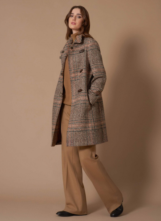 Cappotto in macro Principe di Galles di lana e cashmere con alamari 