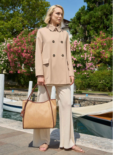 Zweireihige Hemdkragenjacke beige aus Wolle