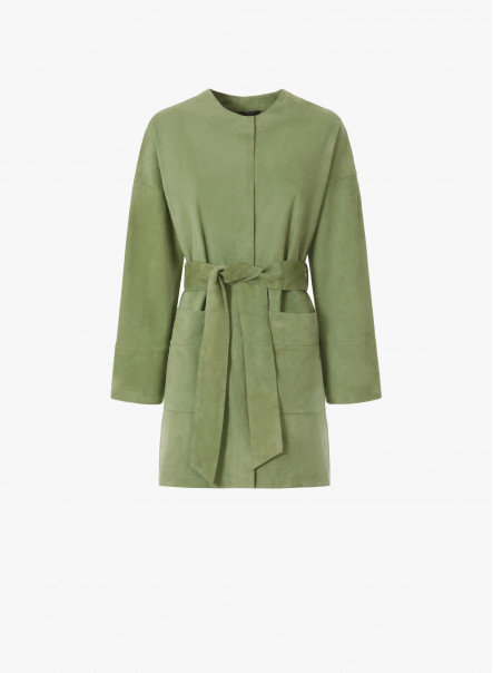 Belted green suede overcoat