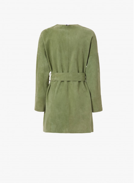 Belted green suede overcoat