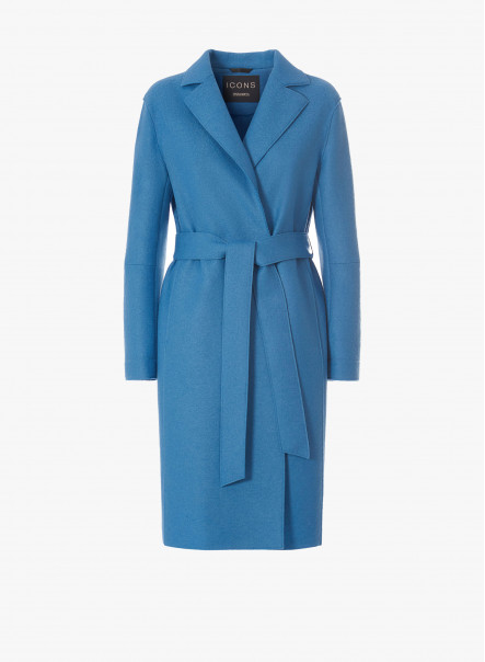 Belted sky blue boiled wool overcoat