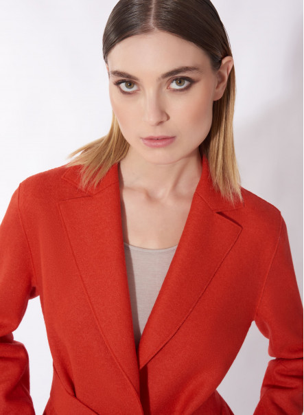 Belted coral color boiled wool overcoat