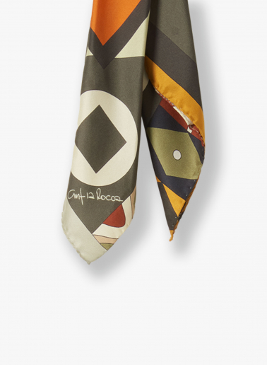 Small green silk twill scarf with geometric pattern