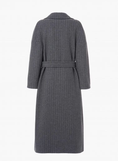 Maxi belted pinstripe wool grey coat