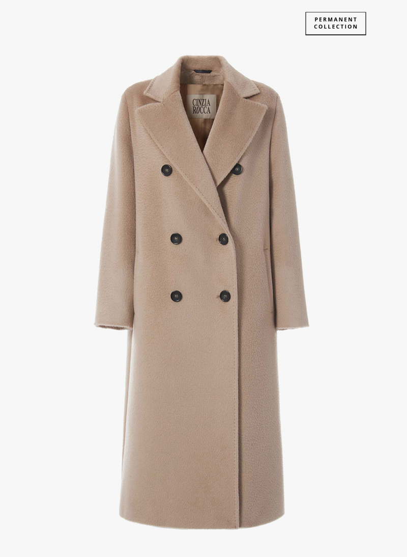 Cappotto lungo beige doppio petto 6 bottoni in alpaca e lana