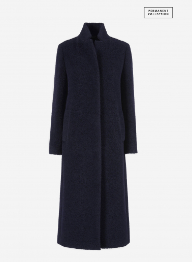Maxi cappotto blu in lana e alpaca con collo a rever rovesciato