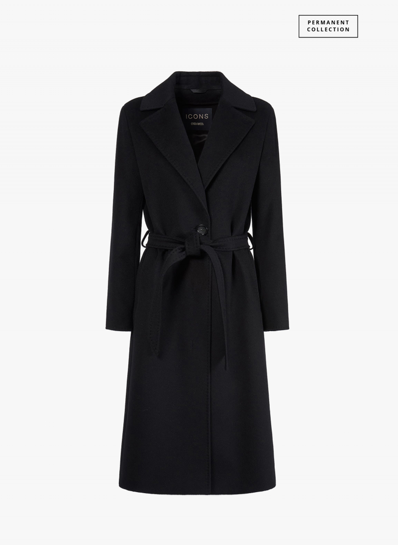 Belted fitted black pure wool coat