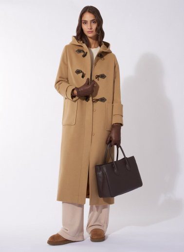 Maxi camel pure wool coat with hood and buckles