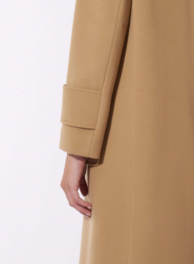 Maxi camel pure wool coat with hood and buckles