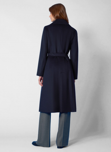 Cappotto blu con cintura in pura lana linea aderente
