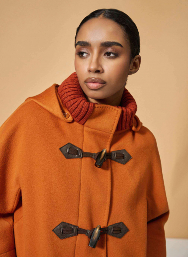 Orange pure wool parka with hood and buckles