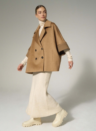 Camel pure camel wool cape with knitted inserts