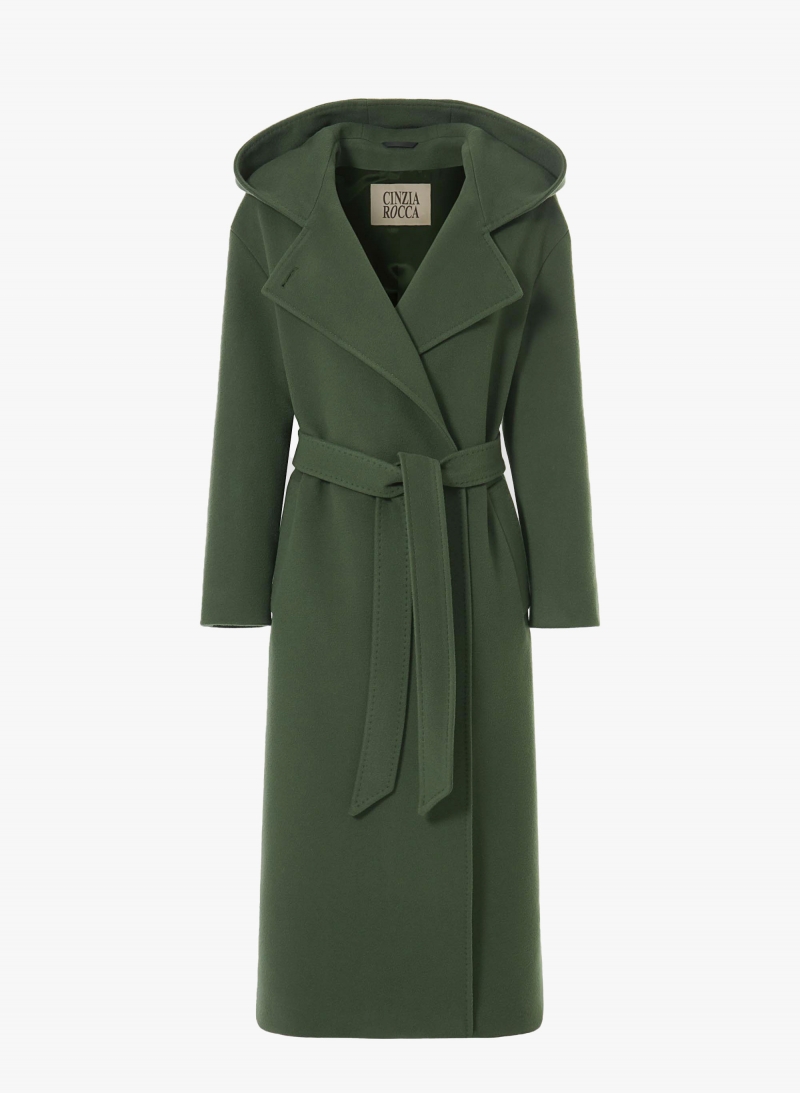 Maxi Gürtelmantel mit Kapuze aus Wolle und Cashmere in Militärgrün