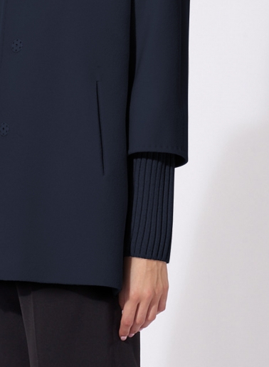 Short oversized blue pure wool coat with knitted details