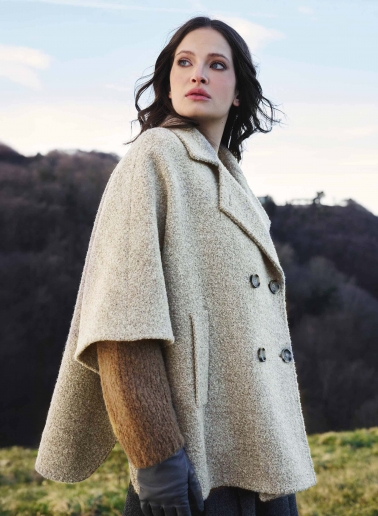 Beige double breasted cape in bouclé effect fabric