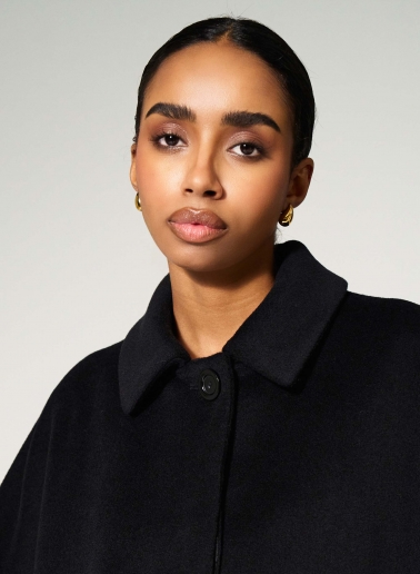 Oversized black pure wool coat with shirt collar