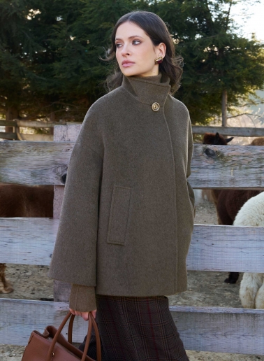 Short flared dark taupe wool coat with high collar