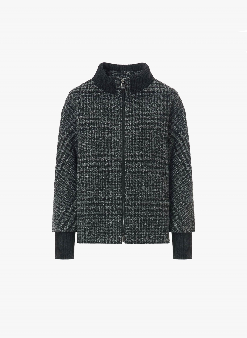 Kurzmantel mit Check-Muster, Reißverschluss und Strick-Details in Grau