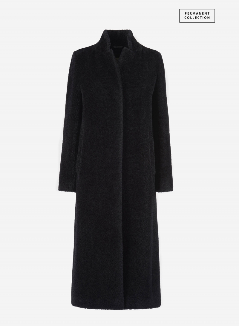 Maxi black wool and alpaca coat with inverted notch collar