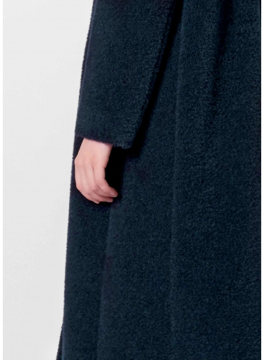 Maxi marine blue wool and alpaca coat with inverted notch collar