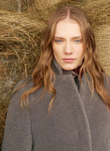 Maxi dark taupe wool and alpaca coat with inverted notch collar