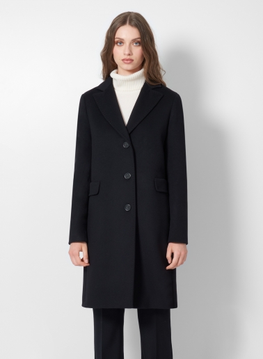 Straight black wool and cashmere coat with masculine cut