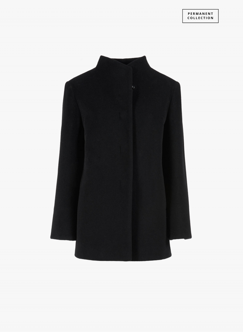 Short black wool and cashmere coat with high stand up collar