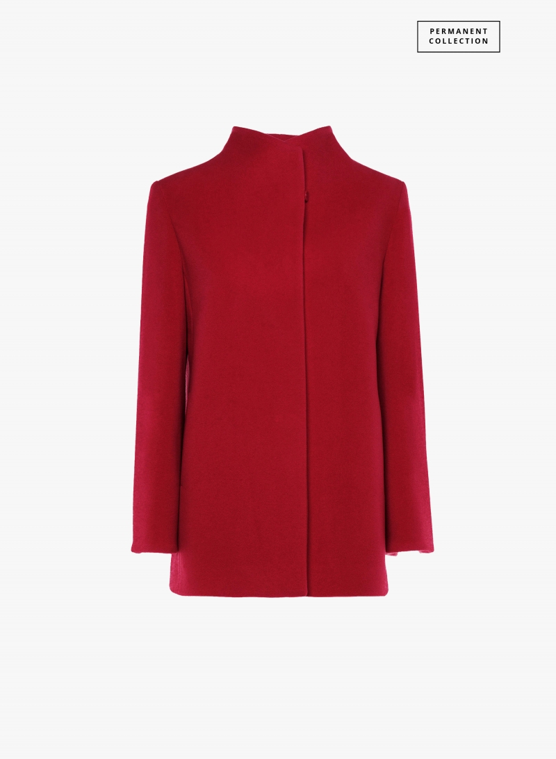 Short red wool and cashmere coat with high stand up collar