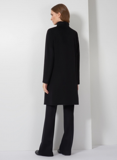 Flared black pure cashmere coat with high stand up collar