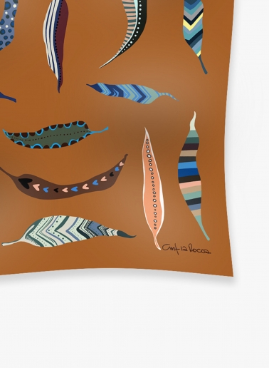 Small tobacco color pure silk twill scarf with stylized feather pattern