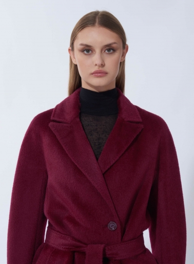 Maxi belted burgundy alpaca and wool wrap coat
