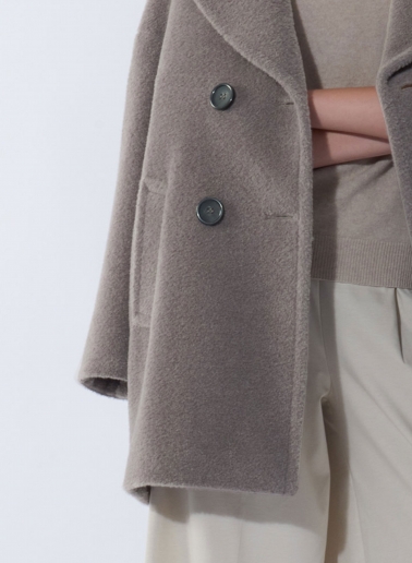 Short oversized dark taupe double breasted wool and alpaca coat