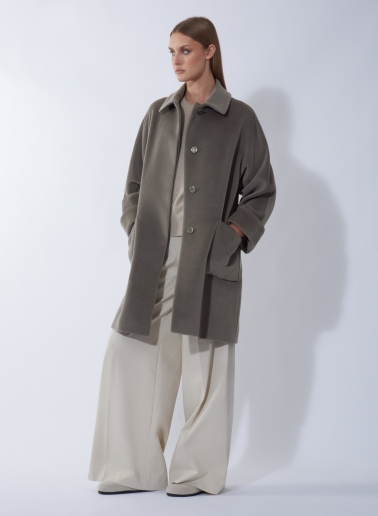 Oversized dark taupe pure wool coat with shirt collar