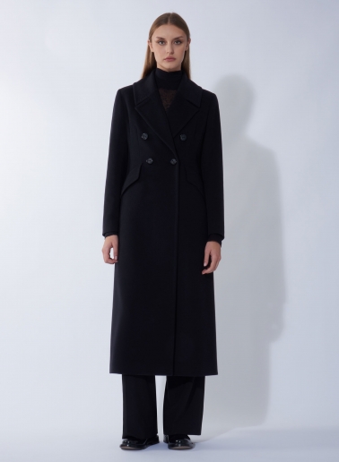 Maxi double breasted black pure wool frock coat