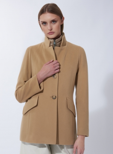 Kurzmantel mit abnehmbarer Nylon-Weste aus reiner Wolle in Camel
