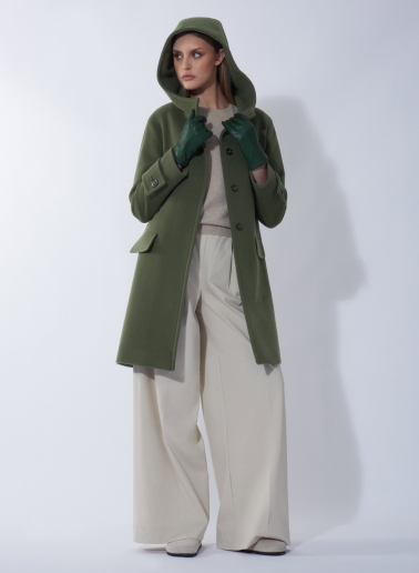 Parka mit Kapuze und doppelten Taschen aus Wolle und Cashmere in Militärgrün