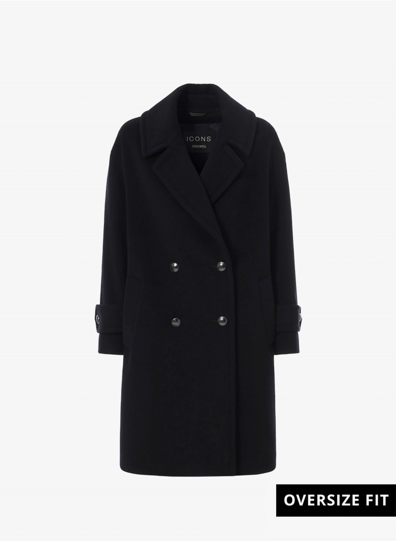 Black double breasted wool and cashmere coat with metal buttons with logo