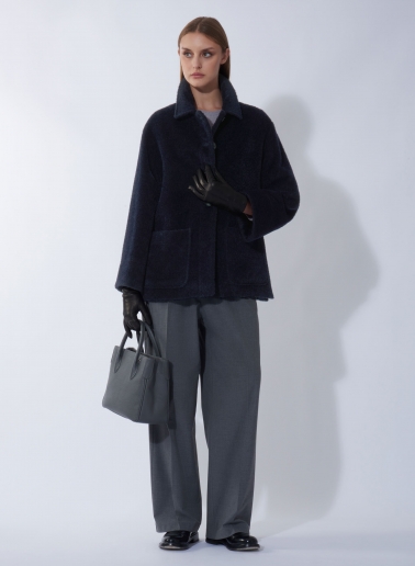 Short blue wool and alpaca coat with shirt collar and patch pockets