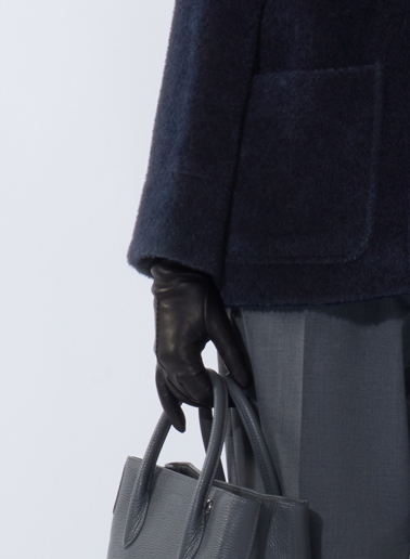 Short blue wool and alpaca coat with shirt collar and patch pockets