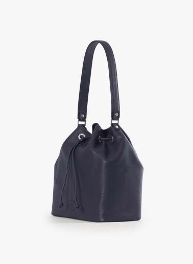 Blue genuine leather bucket bag with gusset and logo