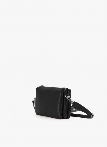 Black genuine leather crossbody bag with three compartments