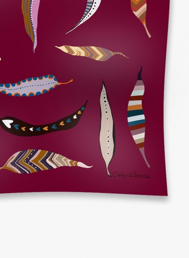 Small purple pure silk twill scarf with stylized feather pattern