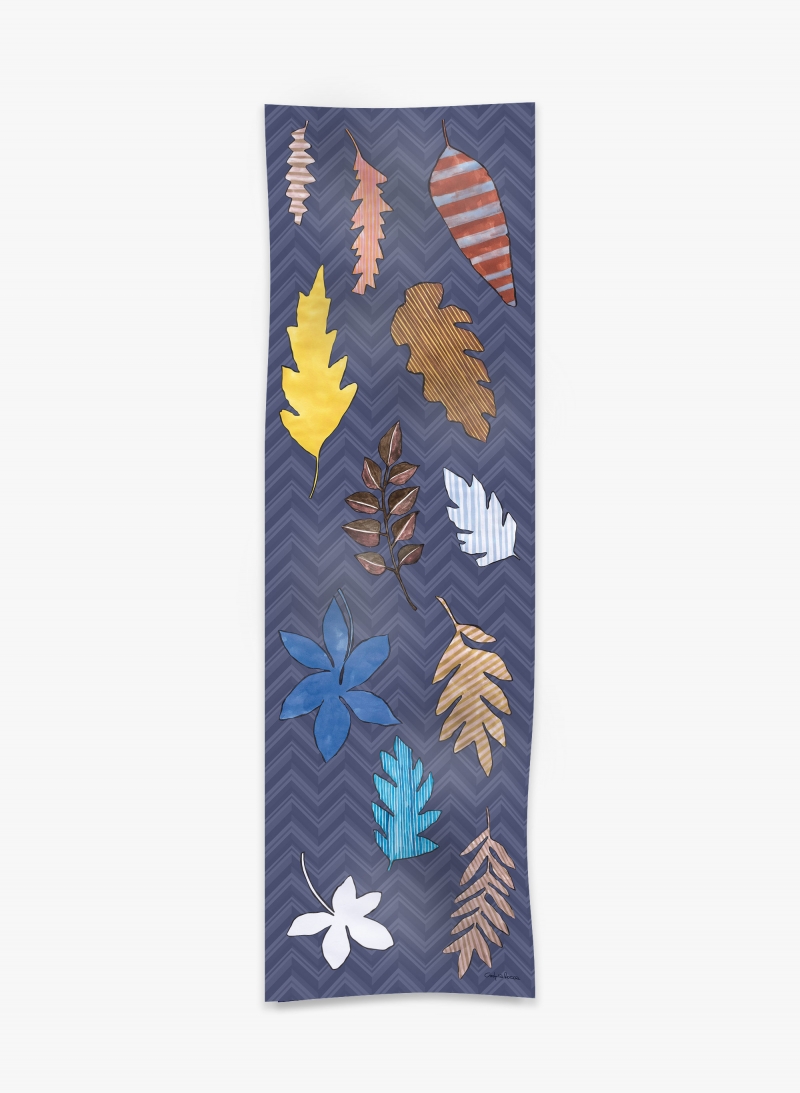 Schal mit geometrischem Muster und Blättern aus Wolle in Blau