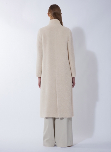 Maxi beige wool and alpaca coat with inverted notch collar