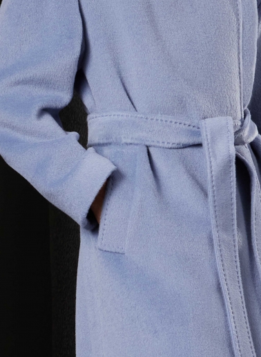 Maxi belted light blue purple alpaca and wool coat with hood