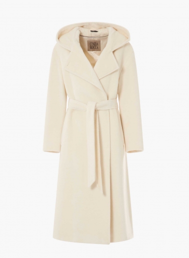 Maxi belted white alpaca and wool coat with hood