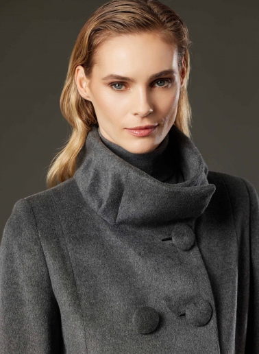 Long grey pure silk frock coat with high drape collar