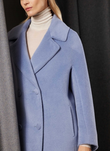 Long double breasted light blue purple coat in alpaca and wool
