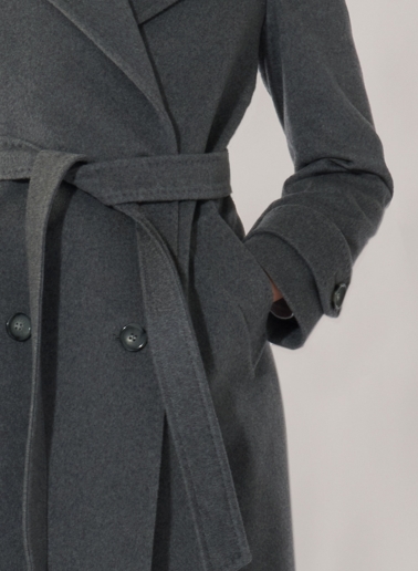 Maxi grey pure cashmere trench with belt