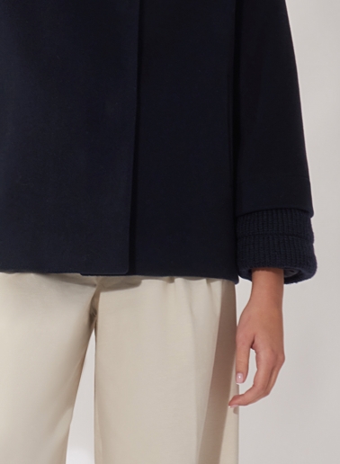 Short blue wool and cashmere coat with ribbed knit inserts